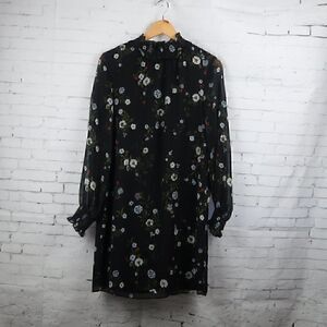 H&M BLACK FLORAL LONG SLEEVE MOCK NECK MIDI SHIFT DRESS SIZE 4